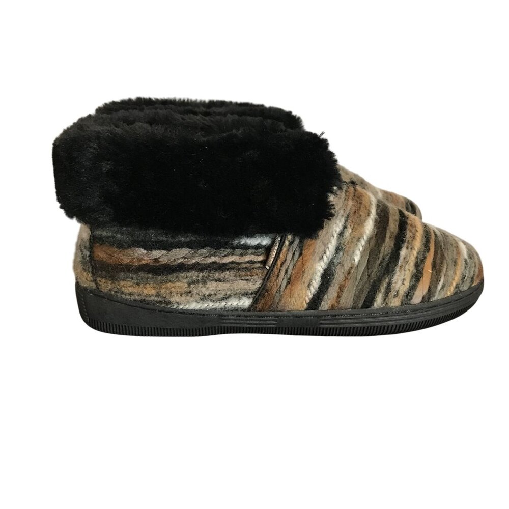 LAMO JUAREZ Womens 7 Black/Brown Sheepskin & Textile Fold Over Bootie Slippers